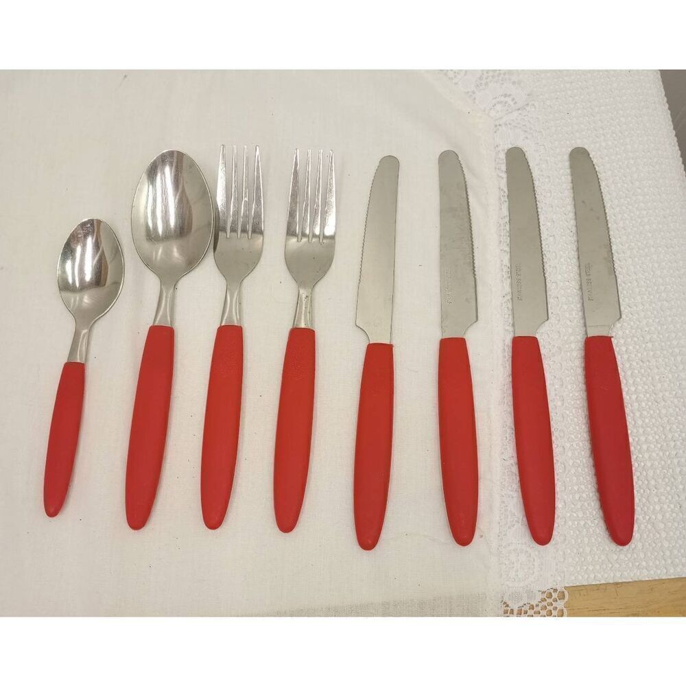 Vintage red plastic handled silverware, miscellaneous pieces